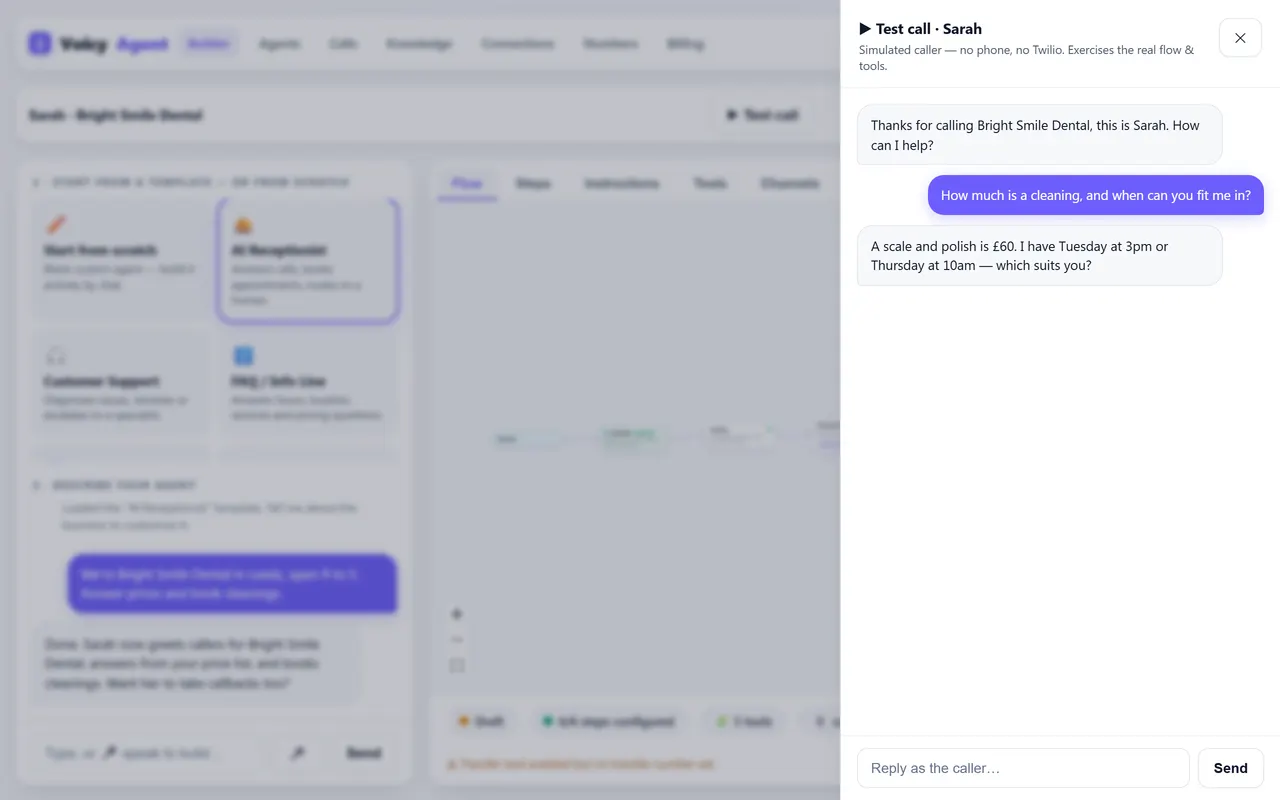 A test call in the browser: the caller asks a price and the agent answers and offers times