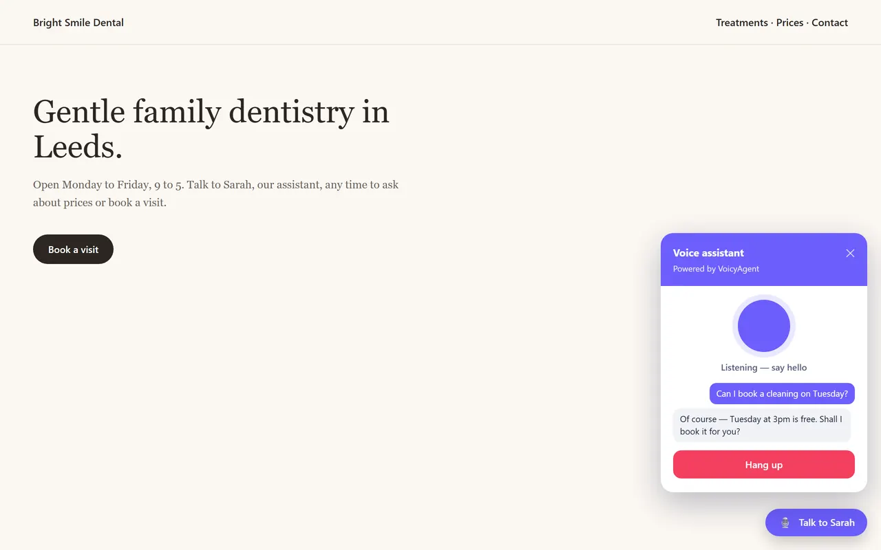 Live on a website: a visitor talking to the agent in the voice widget